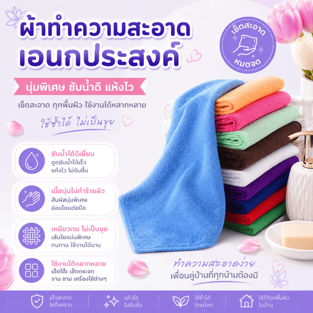XSJ-03【ขนาด 25x25 ซม】ผ้าอเนกประสงค์ ผ้าขี้ริ้ว สำหรับเช็ดโต๊ะ เช็ดจาน ทำความสะอาด