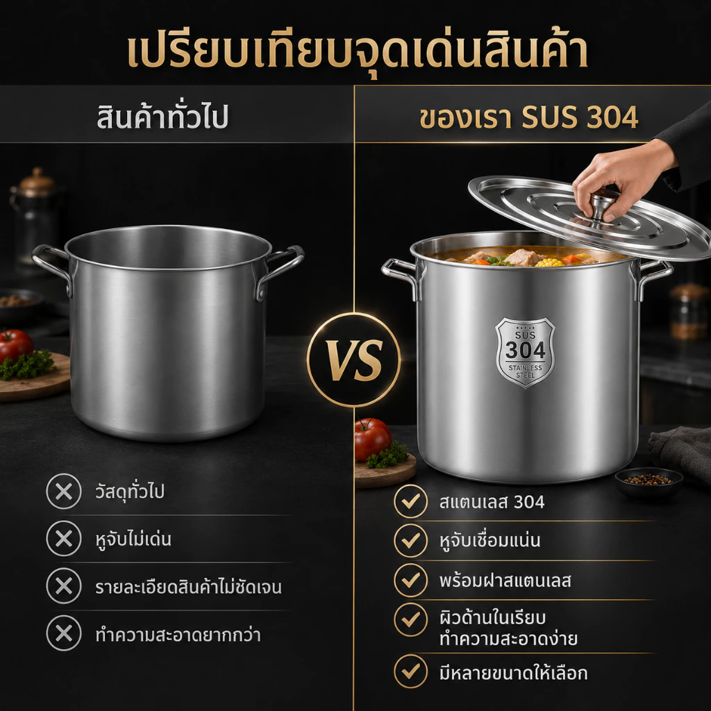 หม้อต้มน้ำซุปสแตนเลส 304 แบบหนาพิเศษ ทรงสูง ความจุใหญ่ พร้อมฝาปิด สำหรับร้านอาหารและโรงอาหาร thumbnail 7