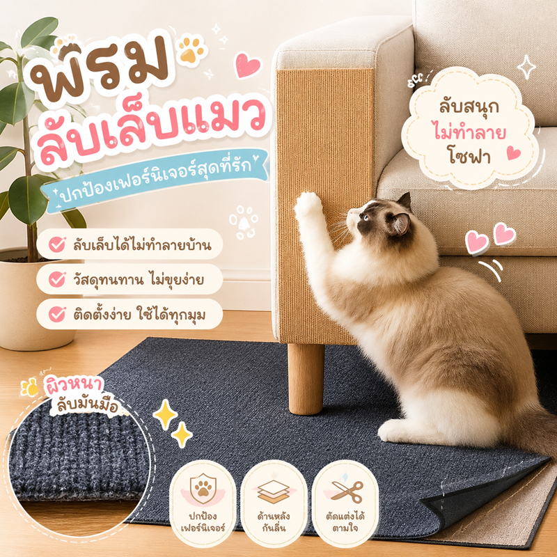 พรมมีกาวในตัว แผ่นกันแมวข่วน ติดผนัง/พื้นได้ ป้องกันเฟอร์นิเจอร์เสียหาย | ติดแน่น ไม่หลุดง่าย | มีหลายขนาด