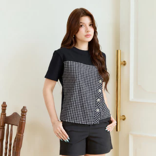 Glucoat | [A779/A908] เสื้อยืดคอกลมแขนสั้นลายสก็อต กระดุมแต่งด้านข้าง