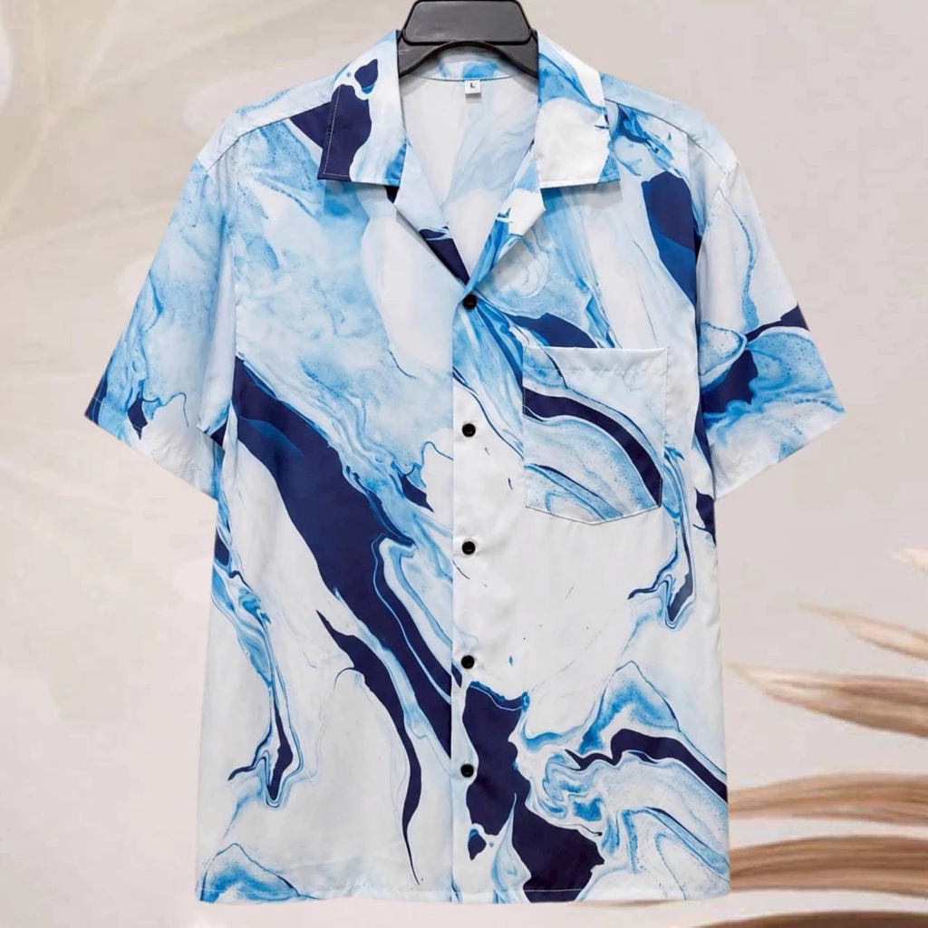 เสื้อเชิ้ตฮาวาย ลายหินอ่อนฟ้า (พื้นสีขาวฟ้า) ผ้าไหมอิตาลี