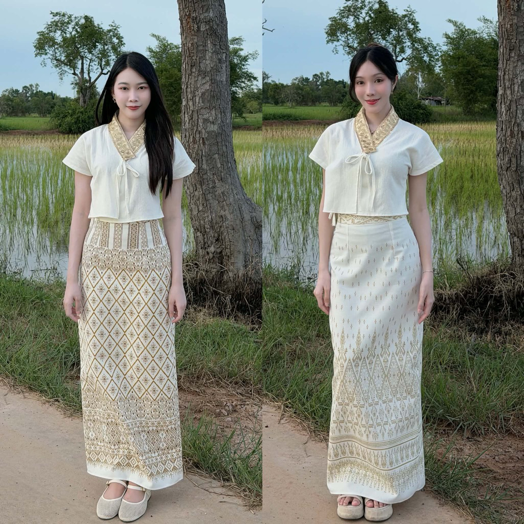 TANTANOD-รหัสTL14 ชุดเซตผ้าไทย เสื้อสไตล์ล้านนา กระโปรงทรงแคบผ่าหลัง(ผ้าฝ้ายพิมพ์ลาย)