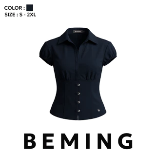 Bemingtop1262(S–2XL) - Corset Top – เสื้อเชิ้ตแขนสั้นทรงคอร์เซ็ตเน้นเอวเพิ่มลุคเรียบหรูในทุกวัน