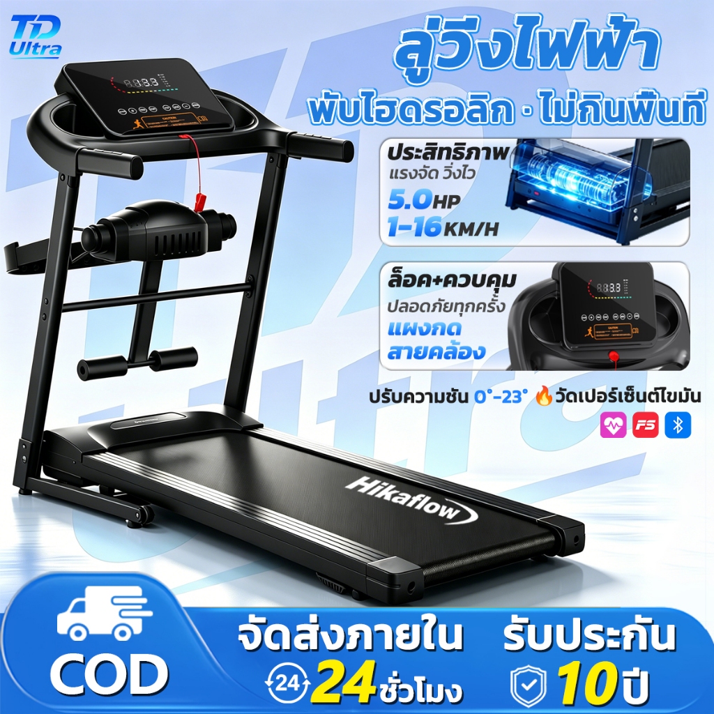 【รับประกัน 10 ปี】ลู่วิ่งไฟฟ้า พับไฮดรอลิก มอเตอร์ 5.0HP รับน้ำหนัก 500kg พื้นที่วิ่ง 132*60cm ปรับความเร็ว 16 ระดับ