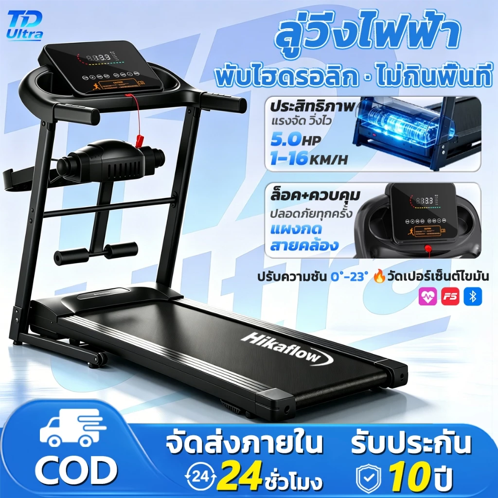 【รับประกัน 10 ปี】ลู่วิ่งไฟฟ้า พับไฮดรอลิก มอเตอร์ 5.0HP รับน้ำหนัก 500kg พื้นที่วิ่ง 132*60cm ปรับความเร็ว 16 ระดับ