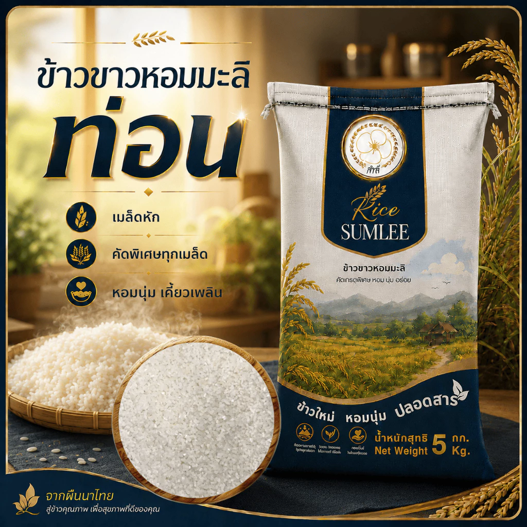 ข้าวหอมมะลิสุรินทร์ท่อน 105 (5 กก.) ตราสำลี หอมนุ่มอร่อย ปลอดสาร / Jasmine rice 5 kg. SUMLEE RICE