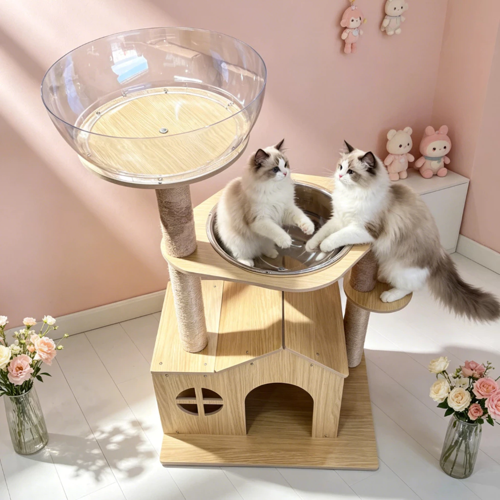 CoCo.PETcat tree คอนโดแมวไม้ แคททรี พร้อมบ้านแมว โดมอวกาศใส เสาลับเล็บสนาม ที่นอนแมว ของเล่นแมว ต้นไม้แมว