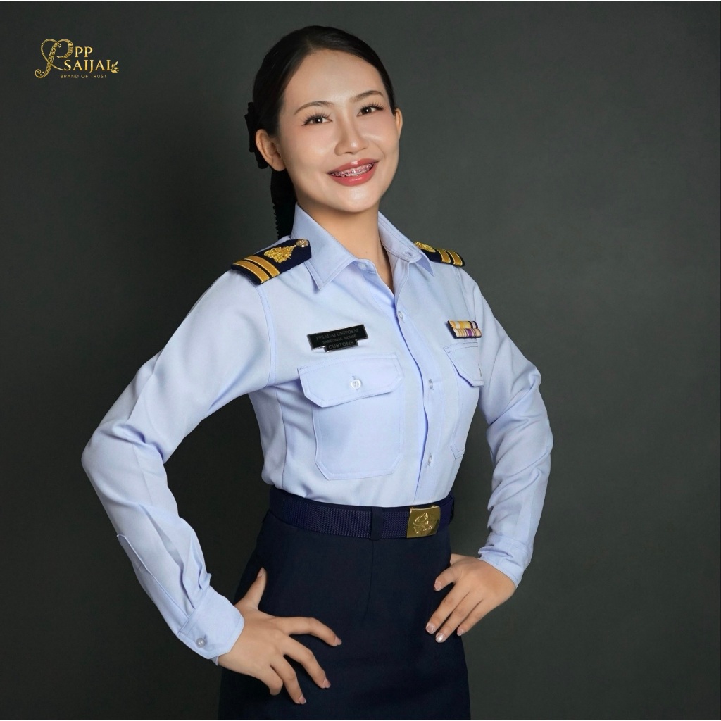 เสื้อเชิ้ตเเขนยาวบ่าห่วง กรมศุลกากร สีขาวโอโม่อมฟ้า