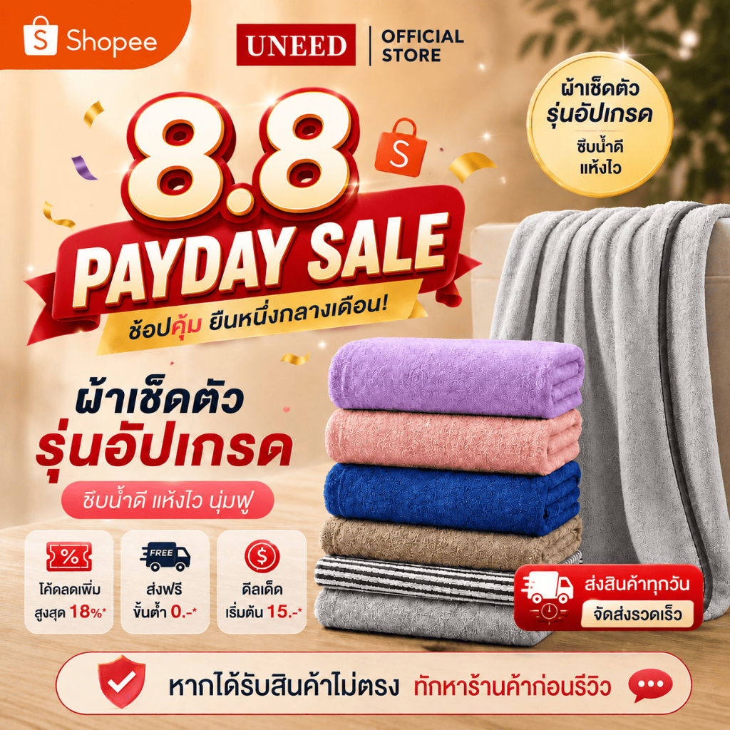【UNEED】ผ้าเช็ดตัวแท้คอตตอน แห้งเร็ว ซับน้ำดี มี 3 ขนาด 40x80 | 70x140 | 90x160 ซม มีสินค้าพร้อมส่ง มีหลายสีให้เลือก