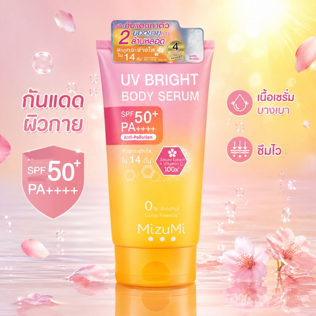MizuMi UV Bright Body Serum SPF50+ PA++++ เซรั่มกันแดดผิวกาย ซากุระ วิตามินซี เนื้อบางเบา 180ml