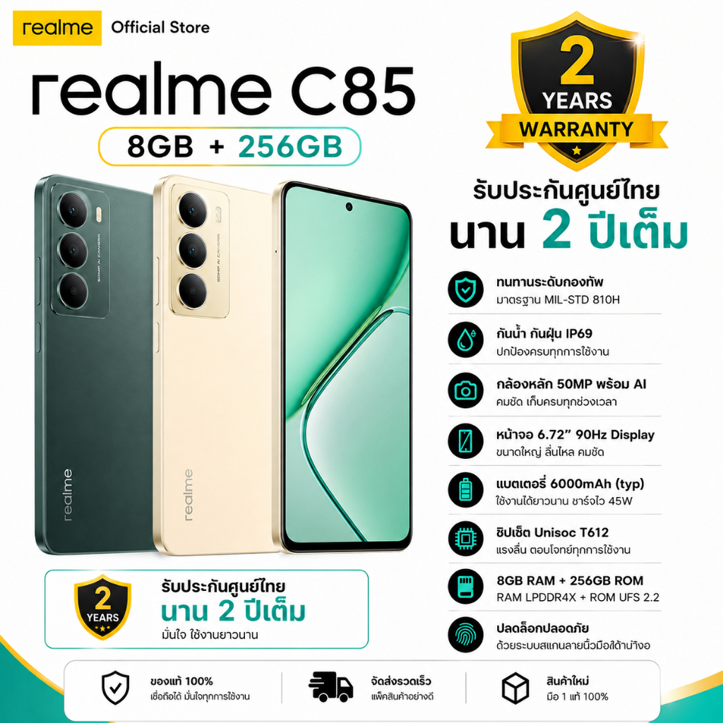 [สินค้าใหม่] Realme C85 5G (8/256GB) จอแสดงผล 6.8 นิ้ว 144Hz แบตเตอรี่ 7000mAh จอแสดงผลความสว่างสูง 1200 nits 144Hz