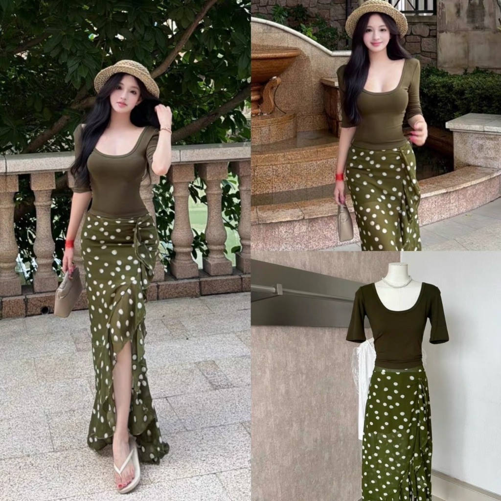 Set2pcs เสื้อคอเหลี่ยม+กระโปรงลาย polka dot - 3835