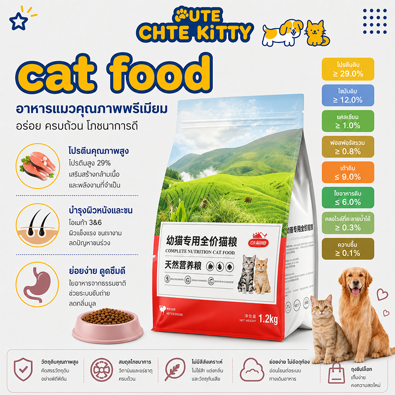 อาหารแมวพรีเมียม ช่วงวัย 4-12 เดือน โปรตีนจากเนื้อสัตว์ วิตามินจากผลไม้ 5 สี อาหารเม็ดแมว อาหารแมว อาหารแมวเกรดพรีเมี่ยม