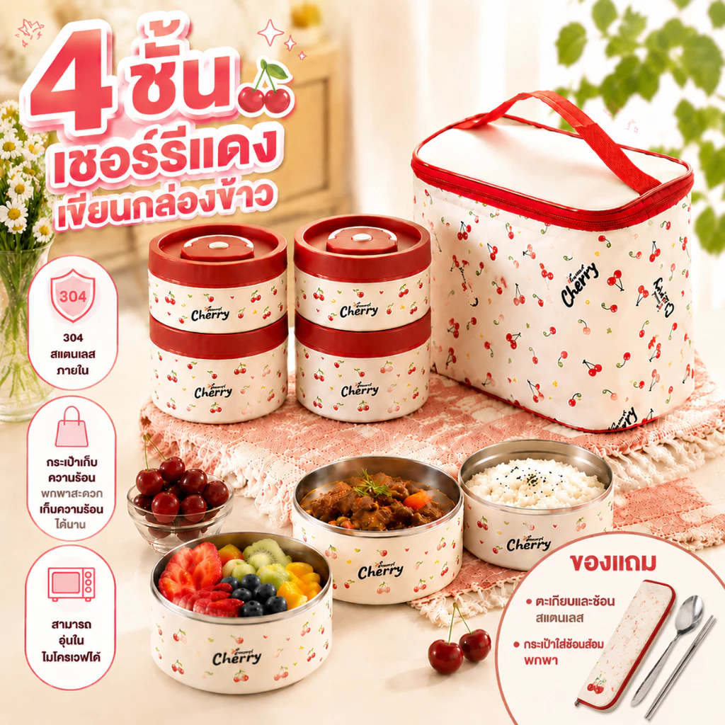 กล่องข้าว 2/3/4 ชั้น สเตนเลส 304กล่องใส่อาหาร กล่องเก็บอาหารแบบพกพา Lunch box มีถุงเก็บอุณหภู แยกอาหาร กล่องอาหารกลางวัน