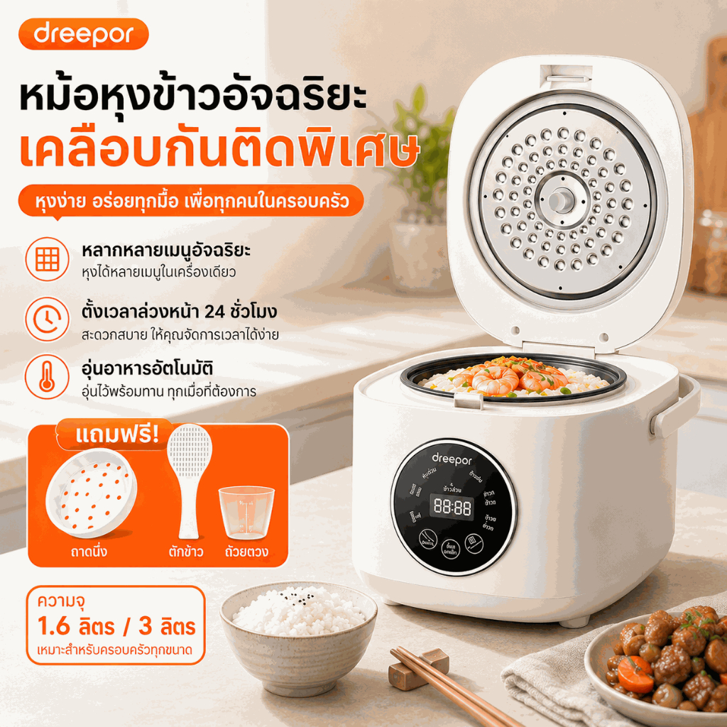 Dreepor หม้อหุงข้าวไฟฟ้า 1.6L/3L เคลือบกันติด หุงข้าว ต้ม นึ่ง อเนกประสงค์ ใช้งานง่าย สำหรับ 2-6 คน พร้อมส่ง เก็บปลายทาง