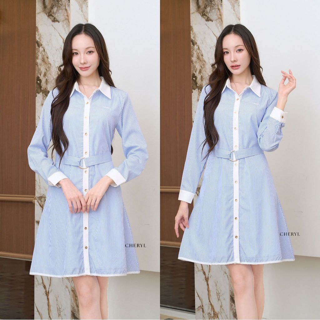 Cheryl brand - Blake Shirt Dress in Blue Stripe with Belt / เดรสเชิ้ตลายริ้วฟ้า แต่งปกขาว