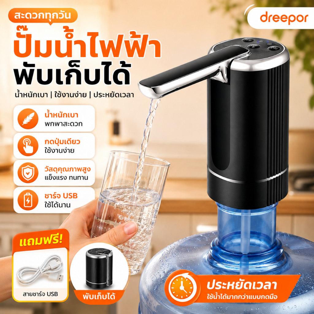Dreepor เครื่องกดน้ำอัตโนมัติ ไร้สาย พับได้ ชาร์จ USB ปั๊มน้ำดื่มไฟฟ้า สำหรับถังน้ำ 5 แกลลอน ใช้งานง่าย