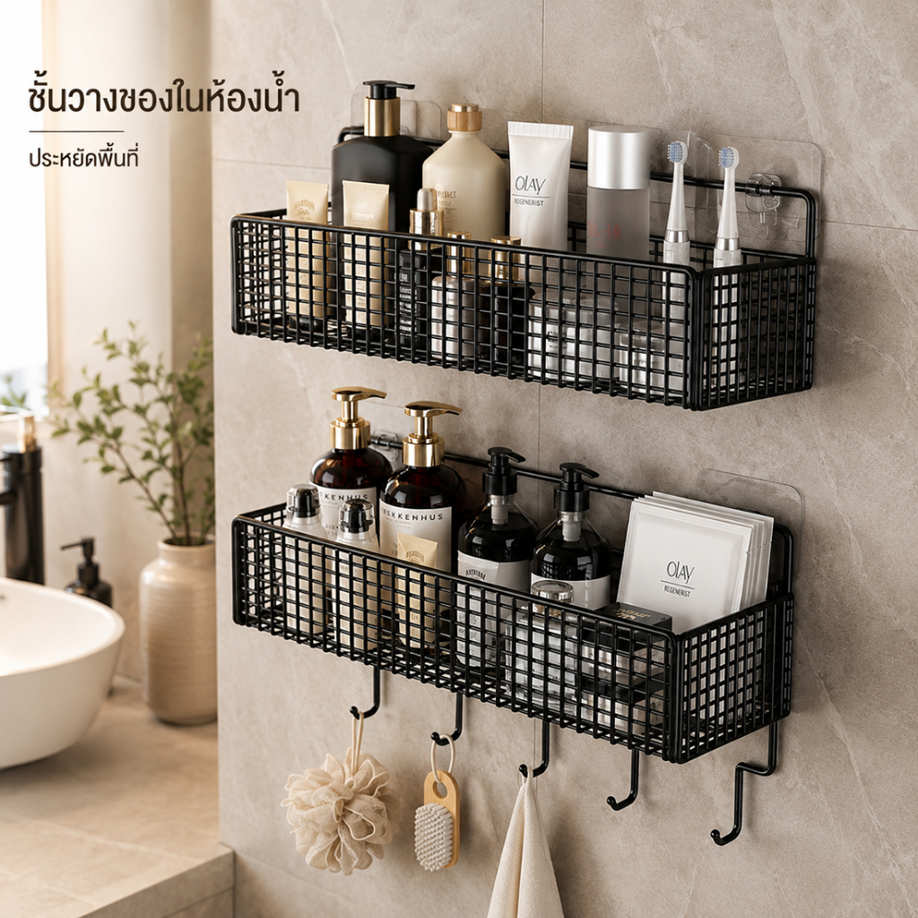 ชั้นวางของในห้องน้ำ ไม่ต้องเจาะ ติดตั้งง่าย ประหยัดพื้นที่ ตะกร้าเหล็ก ใช้ได้ทั้งห้องครัวและห้องนอน