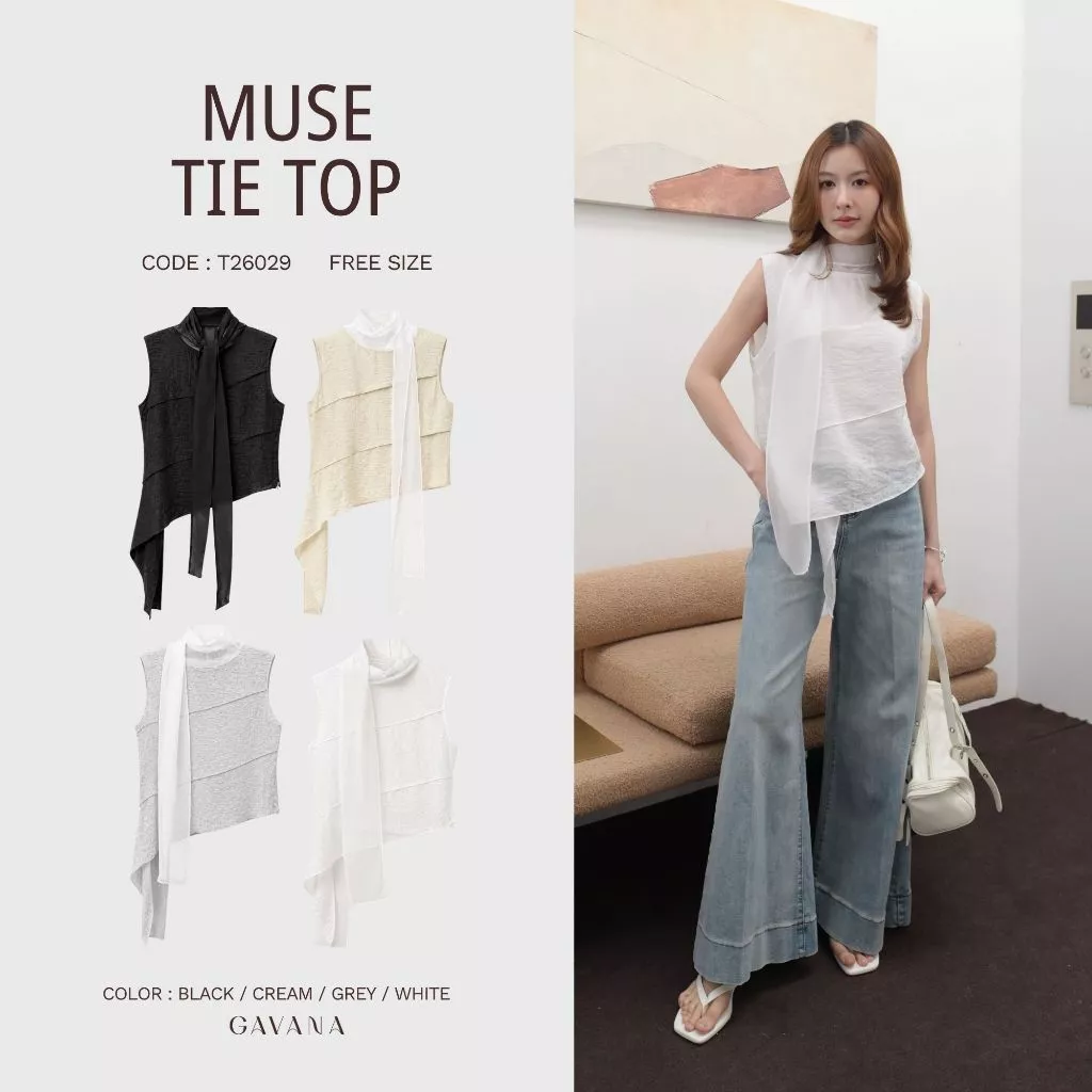 GAVANA Muse Tie Top เสื้อแขนกุดดีไซน์เรียบหรู โดดเด่นด้วยคอผ้าผูกยาวและชายเสื้อให้มีลูกเล่น #T26029