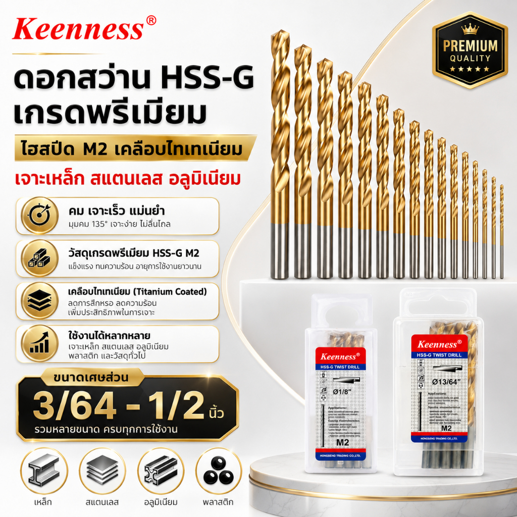 Keenness ดอกสว่านเจาะเหล็ก HSS-G M2 เคลือบไทเทเนียม 3/64-1/4 นิ้ว เจาะสแตนเลส คมจัด ไม่ลื่นไถล