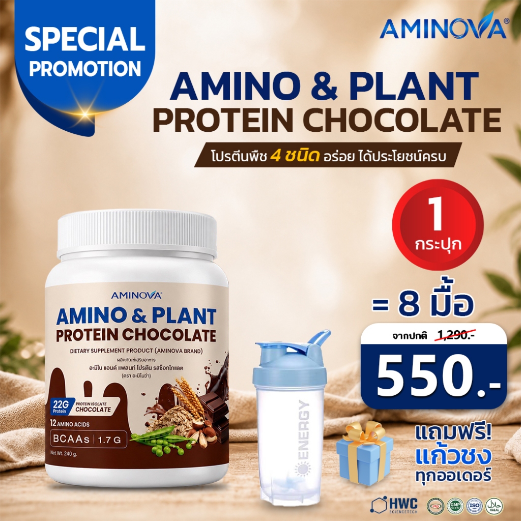 AMINO&PLANT PROTEIN CHOCOLATE (240g) โปรตีนพืชสูง 22g ทานง่าย น้ำตาล0%