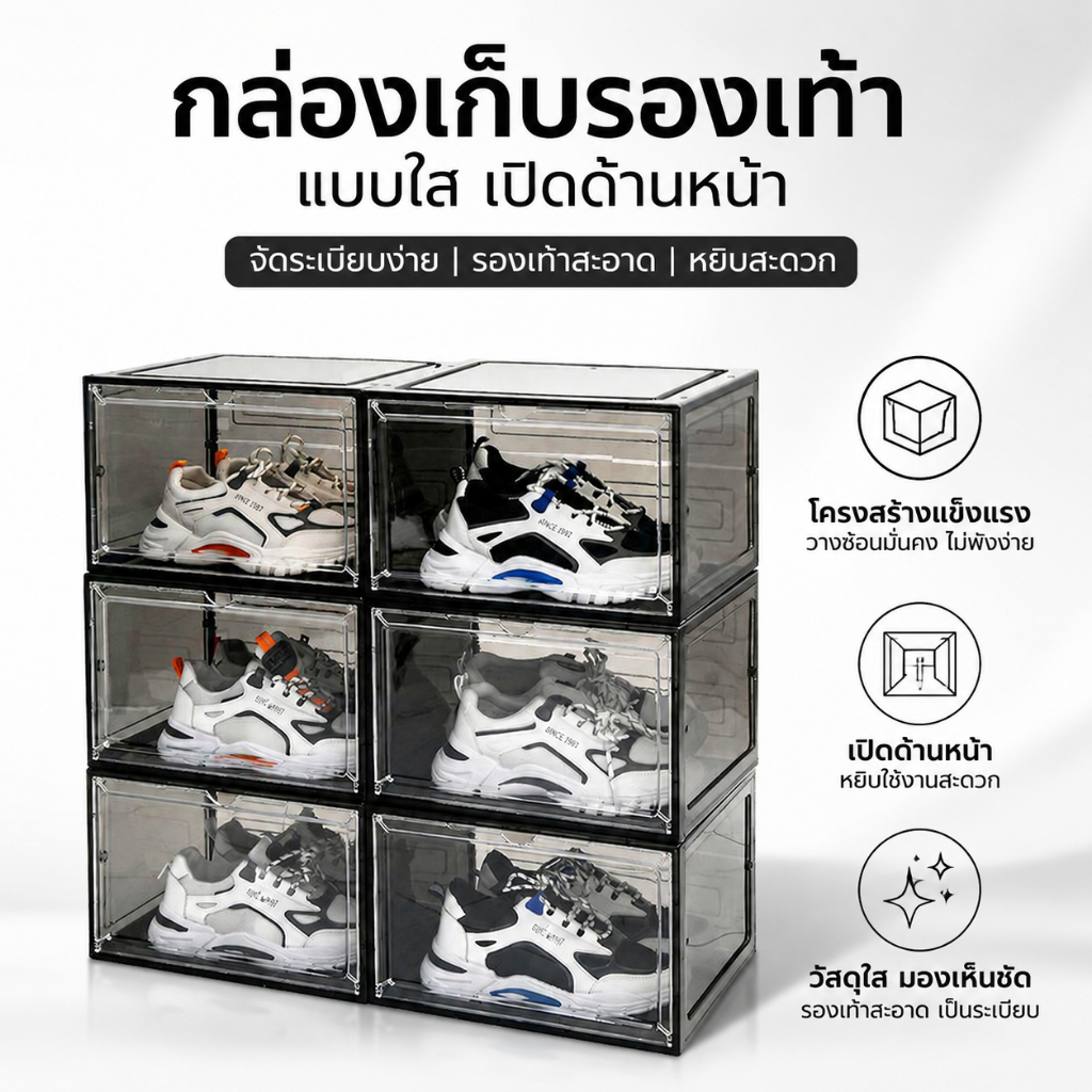 [ซื้อ 7 แถม 5 ]กล่องใส่รองเท้า พลาสติกแข็งใส กล่องรองเท้า สามารถซ้อนได้หลายชั้น ฝาเปิดด้านหน้า