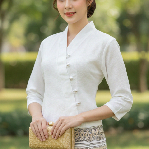 เสื้อพื้นเมือง เข้ารูปดุมเงินแขนยาว สีขาว