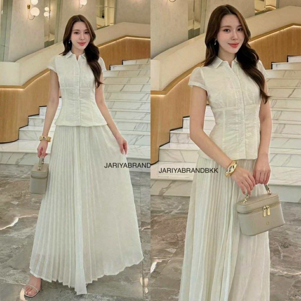 (S-XL) Jariya 📣พร้อมส่งชุดเซ็ท2ชิ้นผ้สลายดอกไม้อย่างดีเสื้อลูกไม้แขนสั้นมีกระดุม+กระโปรงพีทมีซับในสว