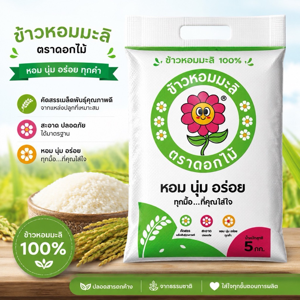 ข้าวหอมมะลิสุรินทร์ท่อน ซาห้อ ยีจ้อ ตราดอกไม้ พันธุ์กข15 จากโรงสีชุมชน ขนาด 5 กิโลกรัม