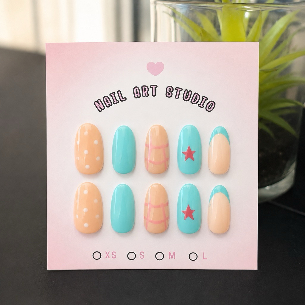 ชุดเล็บปลอมสำเร็จรูป "Peach & Mint Pop" จาก NAIL ART STUDIO