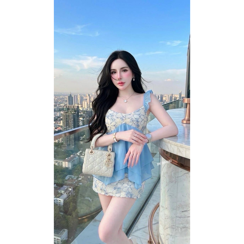 เซตสายเดี่ยวระบายผ้ามุ้งลายดอกSize : อก -36 เอว24 -32 สพ38 ยาว13