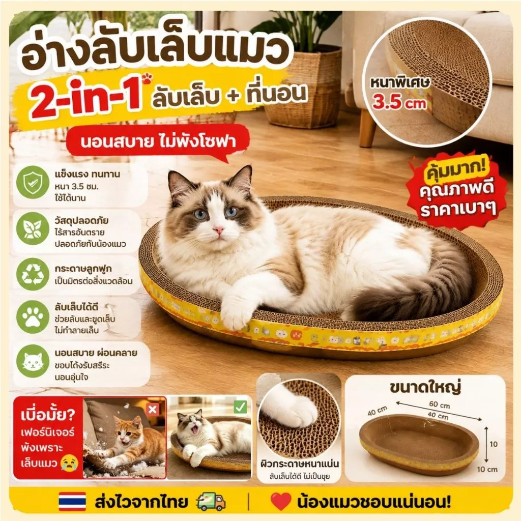 ที่ลับเล็บแมว รูปไข่ อ่างลับเล็บแมว 2-in-1 ที่ฝนเล็บแมว ขูดเล็บ หนา 3.5 ซม ใช้เป็นที่นอนแมว ของเล่นแมว รุ่นอัปเกรด ทนทาน