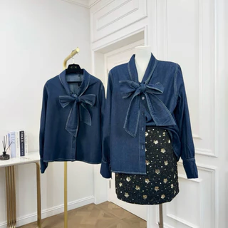 พร้อมส่ง‼️ (GMG57) เสื้อเชิ้ตเดนิมแขนยาว คอวีงานโบว์ Oversize ผ้า Denim Jean ตัดกับด้ายคู่สีขาว ทรงสวยใส่สบาย