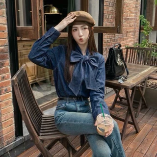พร้อมส่ง‼️ (GMG57) เสื้อเชิ้ตเดนิมแขนยาว คอวีงานโบว์ Oversize ผ้า Denim Jean ตัดกับด้ายคู่สีขาว ทรงสวยใส่สบาย