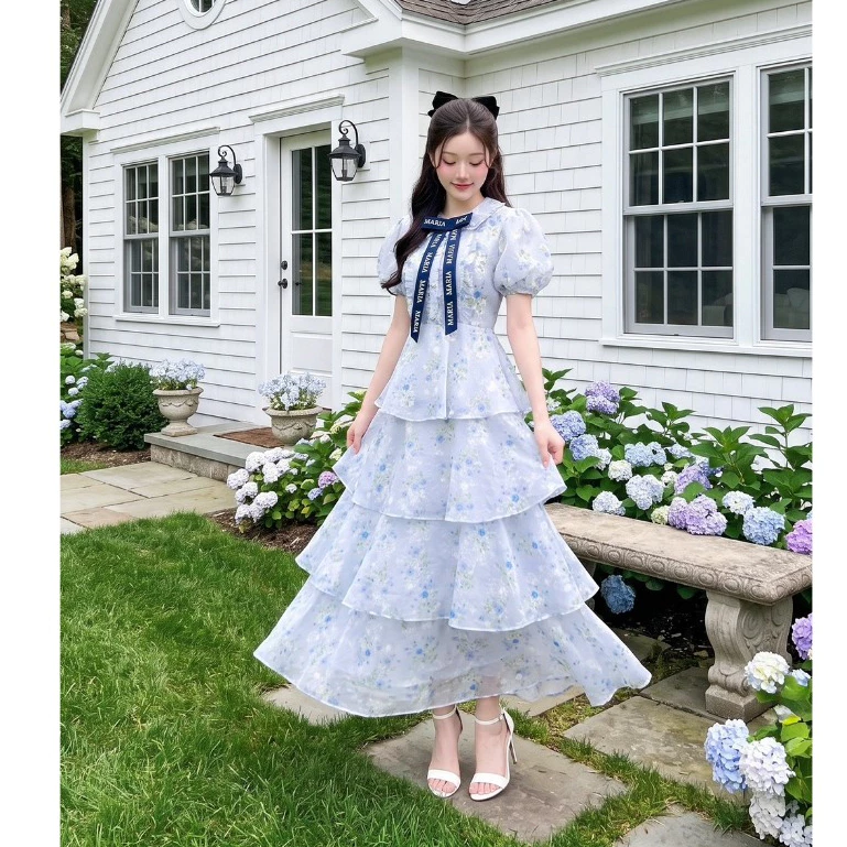 (Mommy) Maria Diamond เดรสผู้ใหญ่ Time Together Dress เดรสยาวกระโปรงเลเยอร์ผ้าชีฟอง texture โบว์หน้า ซิปหลัง มีซับใน