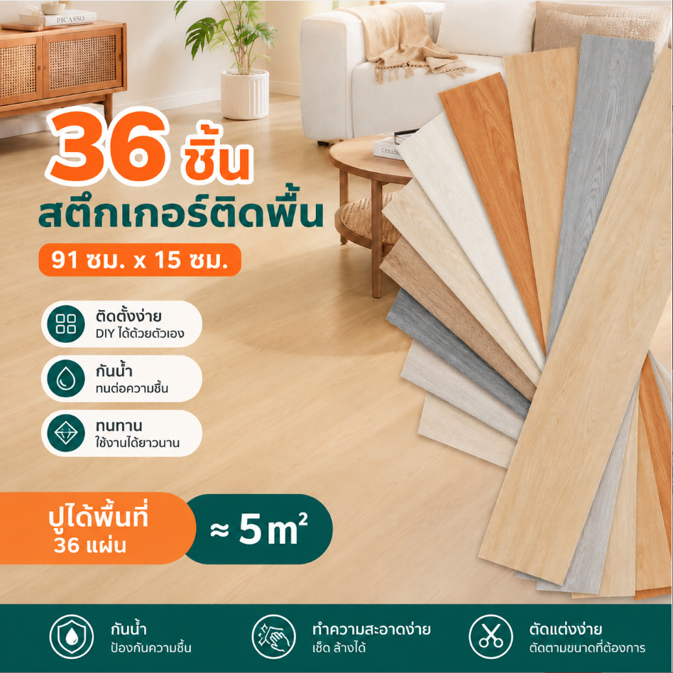 สินค้าขายดี 【5ตรม/กล่อง 36แผ่น】 วัสดุPVC กระเบื้องยาง กระเบื้องยางลายไม้กระเบื้องยางมีกาวในตัว ยางปูพื้น 91*15cm