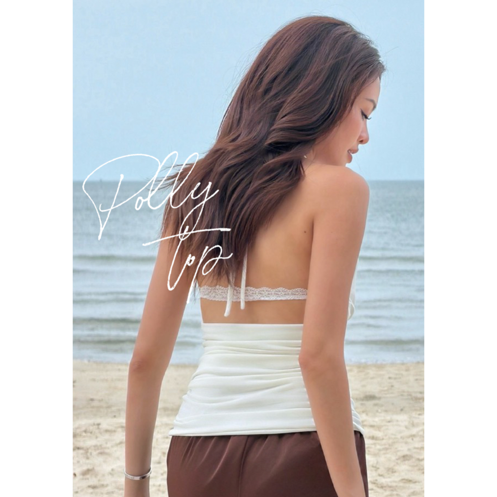 (เหลืองพร้อมส่ง/ขาว ชมพู ดำ pre2-15วัน) SEASON STUDIO - POLLY TOP / เสื้อคล้องคอ เปิดหลัง ดีเทลสายลูกไม้