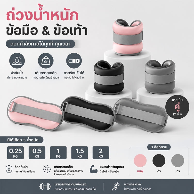 ถุงทรายถ่วงน้ำหนัก สำหรับข้อมือ ข้อเท้า 1 คู่ ถุงทรายถ่วงขา Ankle Weight Sandbag 0.5 kg - 4 kg