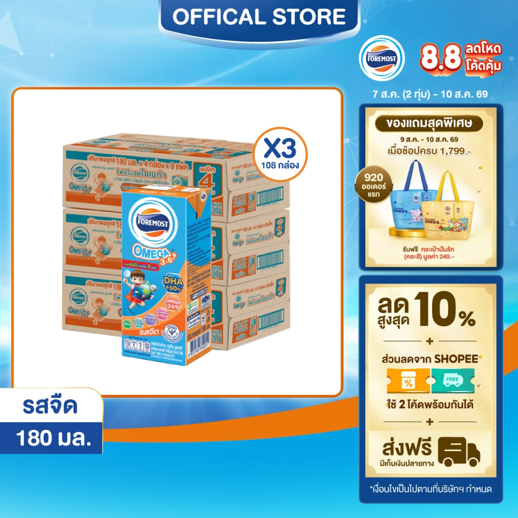 [ขายยกลังx3] โฟร์โมสต์ โอเมก้า 369 รสจืด 180มล (36กล่อง/ลัง) Foremost Omega 369 Plain 180ml (นมกล่องUHT)