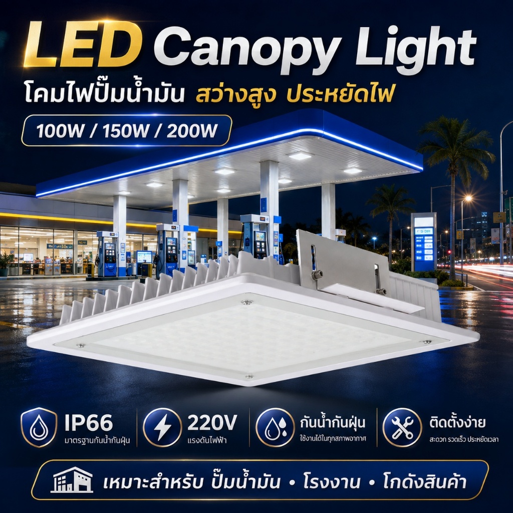 LED Canopy Light 100W 150W 200W โคมไฟปั๊มน้ำมัน กันน้ำ IP66 โคมไฟ LED กันระเบิด 220V