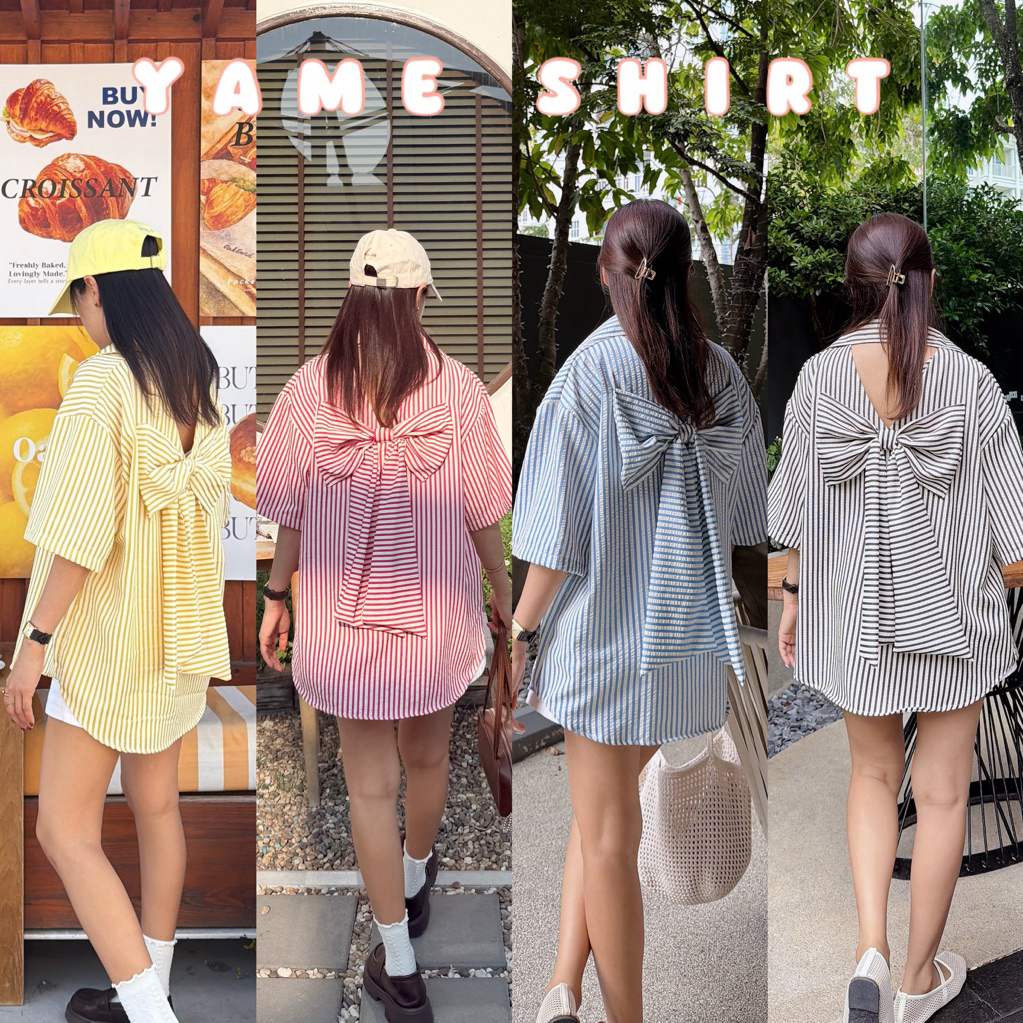 ใหม่! 𝗬𝗔𝗠𝗘 𝗦𝗛𝗜𝗥𝗧 เสื้อเชิ้ตแขนสั้น ลายทาง แต่งโบว์ด้านหลัง ไม่ต้องรีด