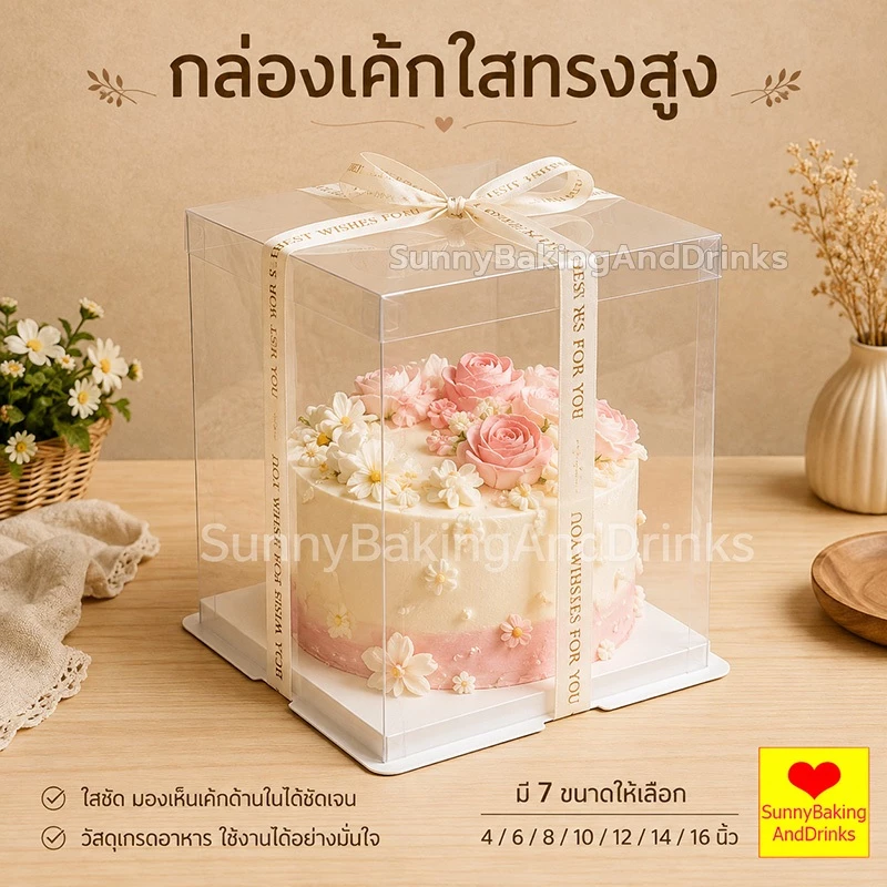 ☀️โค้ดส่งฟรี ☀️ กล่องเค้กใสทรงสูง ฝาใส ฐานสีขาว (ไม่รวมรีบบิ้น) วัสดุ PET เกรดอาหาร กล่องเค้ก กล่องเค้กใส กล่องขนม