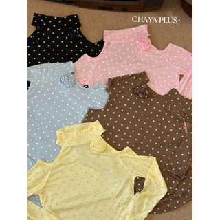 LindaaPlus-- เสื้อแขนยาวเว้าไหล่ “𝐌𝐨𝐧𝐢𝐤𝐚” ˚.🎀༘⋆ ดีเทลดอกไม้ที่คอ ผ้าสลาฟพิมพ์ลายจุด สวยหวาน เซ็กซี่ ขี้เล่น น่ารัก