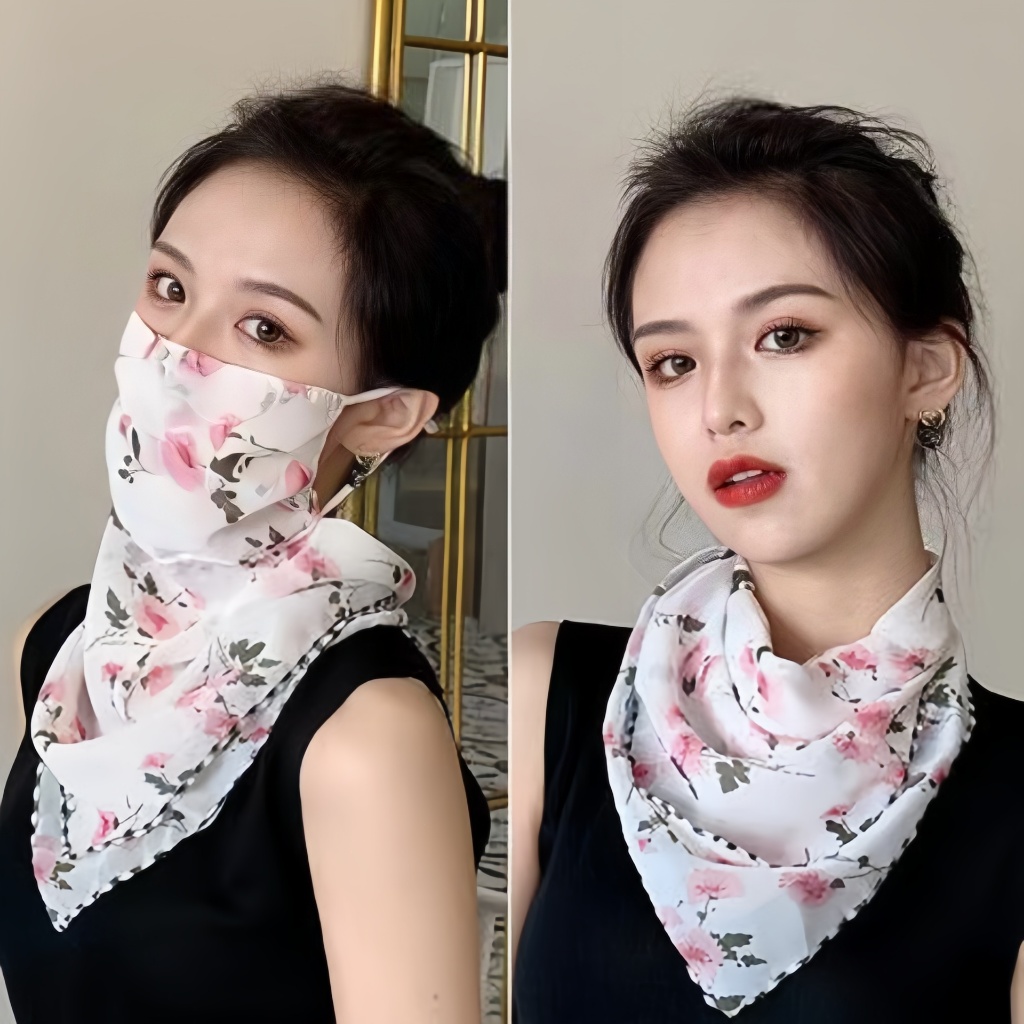 ผ้าคลุมหน้า กันแดด ผ้าพันคอ 2in1 หน้ากากกันฝุ่น ผ้าคลุมคอ ผ้าชีฟอง ระบายอากาศ ลายดอกไม้ ใส่ขี่มอเตอร์ไซค์ กัน UV สำหรับผ