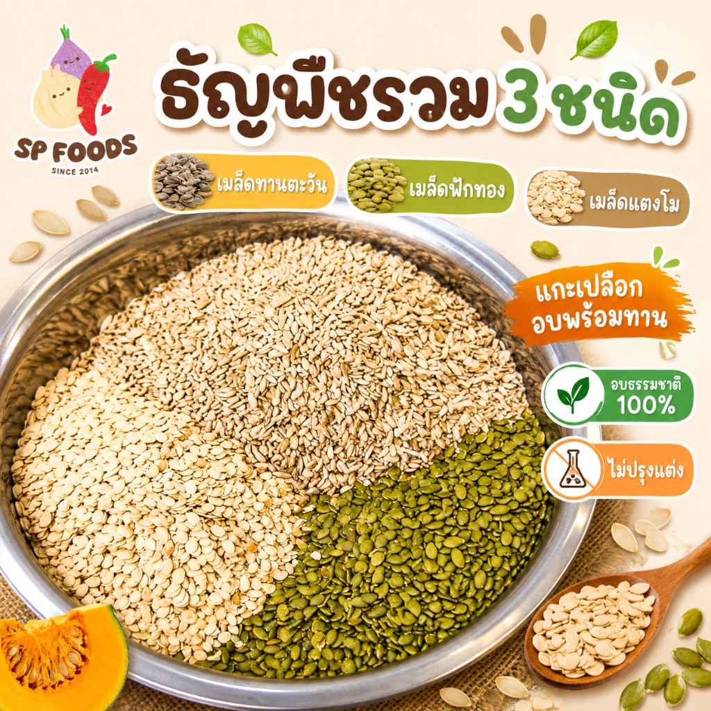 แพ็ค200กรัม เมล็ดธัญพืชรวม3ชนิด อบพร้อมทาน เมล็ดฟักทอง เมล็ดทานตะวัน เมล็ดแตงโม ถั่ว