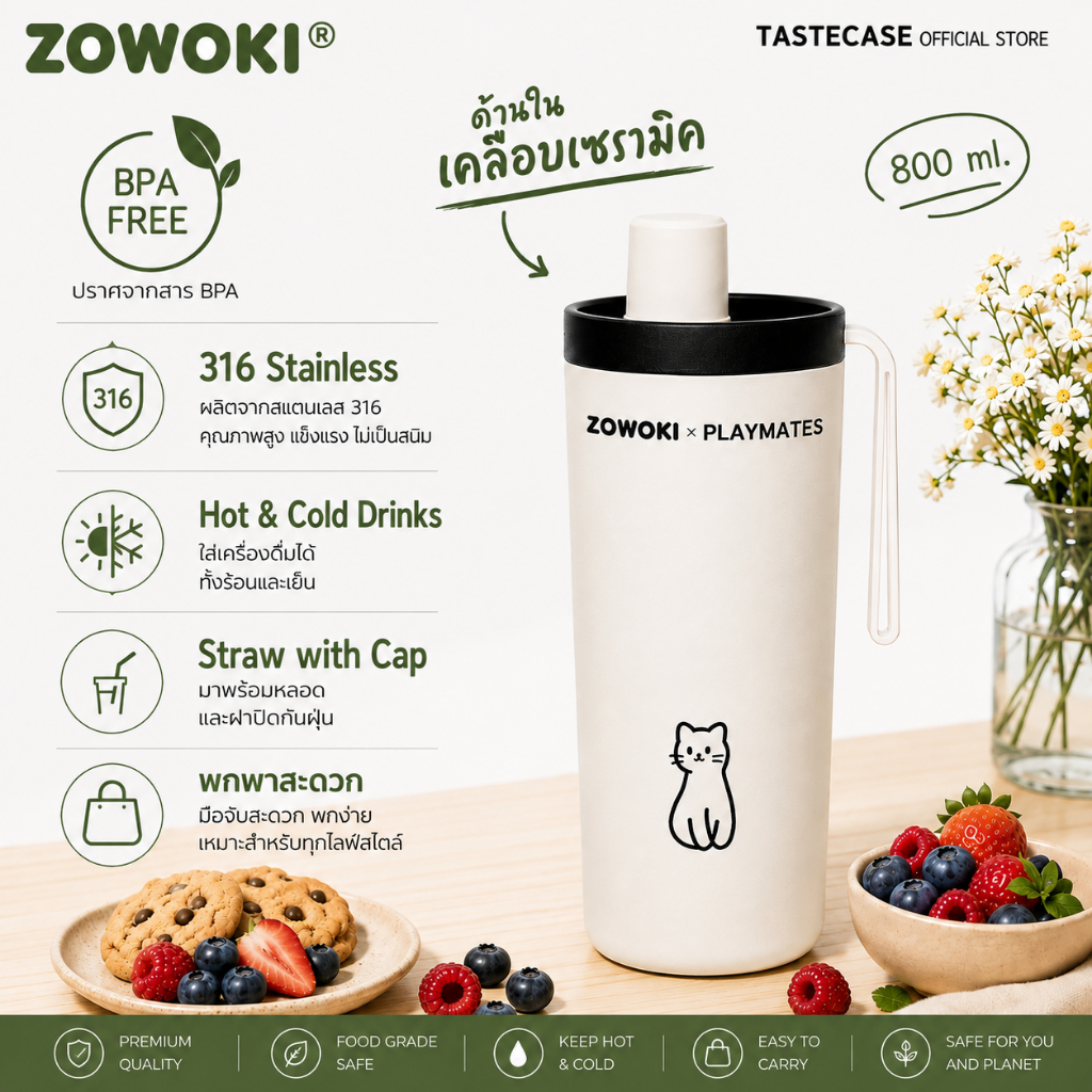 Zowoki Q18-800 กระบอกน้ำรักษาอุณหภูมิ แก้วเก็บความเย็น-ร้อน เกรดพรีเมี่ยม ความจุ 800 ml.