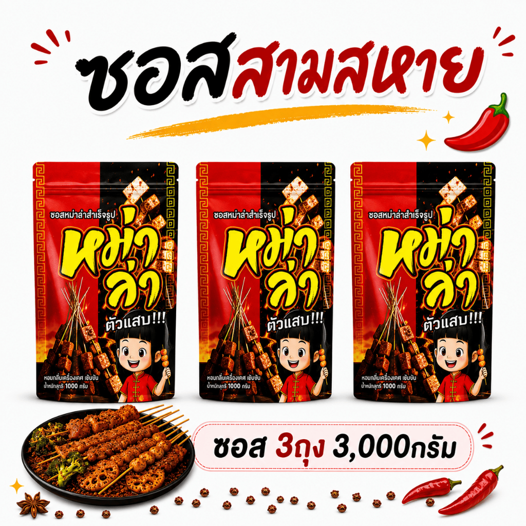 ซอสหม่าล่า ตัวแสบ 3ถุง  (3,000กรัม) สูตรเผ็ดชา หอมเครื่องเทศ ใช้ได้ทันที