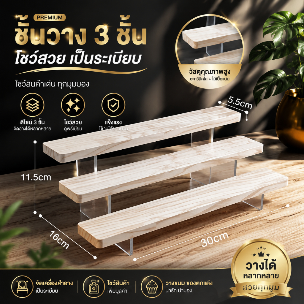 CasaBkk 3ชั้นทนทานไม้อะคริลิคสําหรับกล่องตาบอดของเล่น,น้ําหอมขาตั้งจอแสดงผล,ชั้นวางสําหรับเครื่องสําอางชั้นวางโมเดลบันได