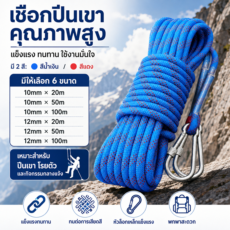 เชือกกู้ภัย 10/12mm พร้อมตะขอ แข็งแรง ทนทาน รับน้ำหนักมาก เหมาะสำหรับงานผจญภัย งานกู้ภัย และดับเพลิง