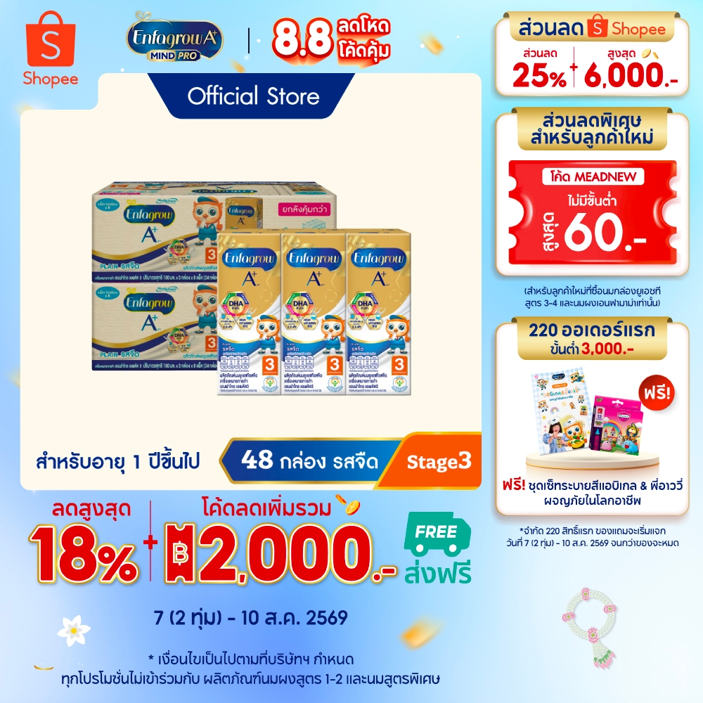 นมกล่อง เอนฟาโกร ยูเอชที สูตร3 ชนิดจืด (24 กล่อง) x2 ลัง Enfagrow UHT Stage3 Plain (24 boxes) x2 cases